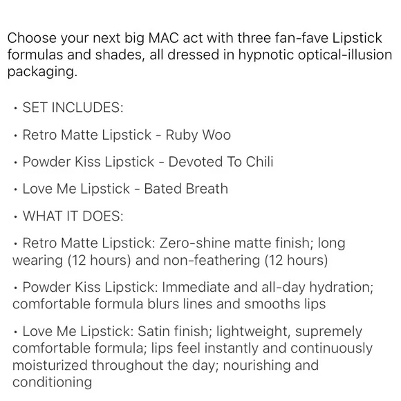 Mac Cosmetics Lipstick Set Trio FULL SZ Ruby Woo Bated Breath Devoted to Chili